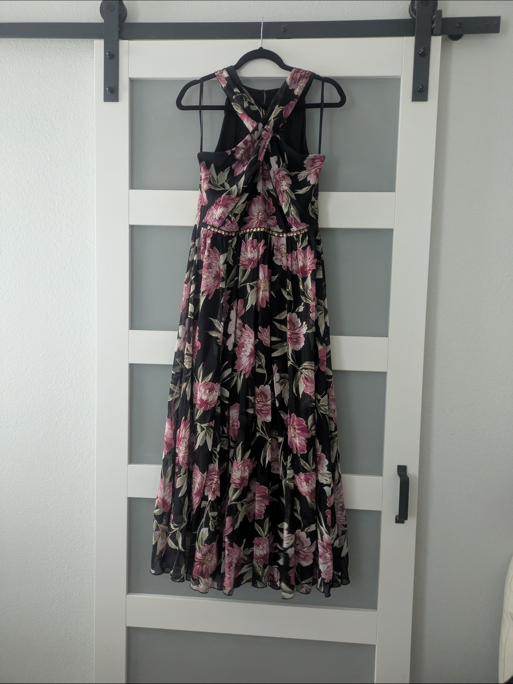 Cross-Back Floral Maxi Dress in Black and Pink